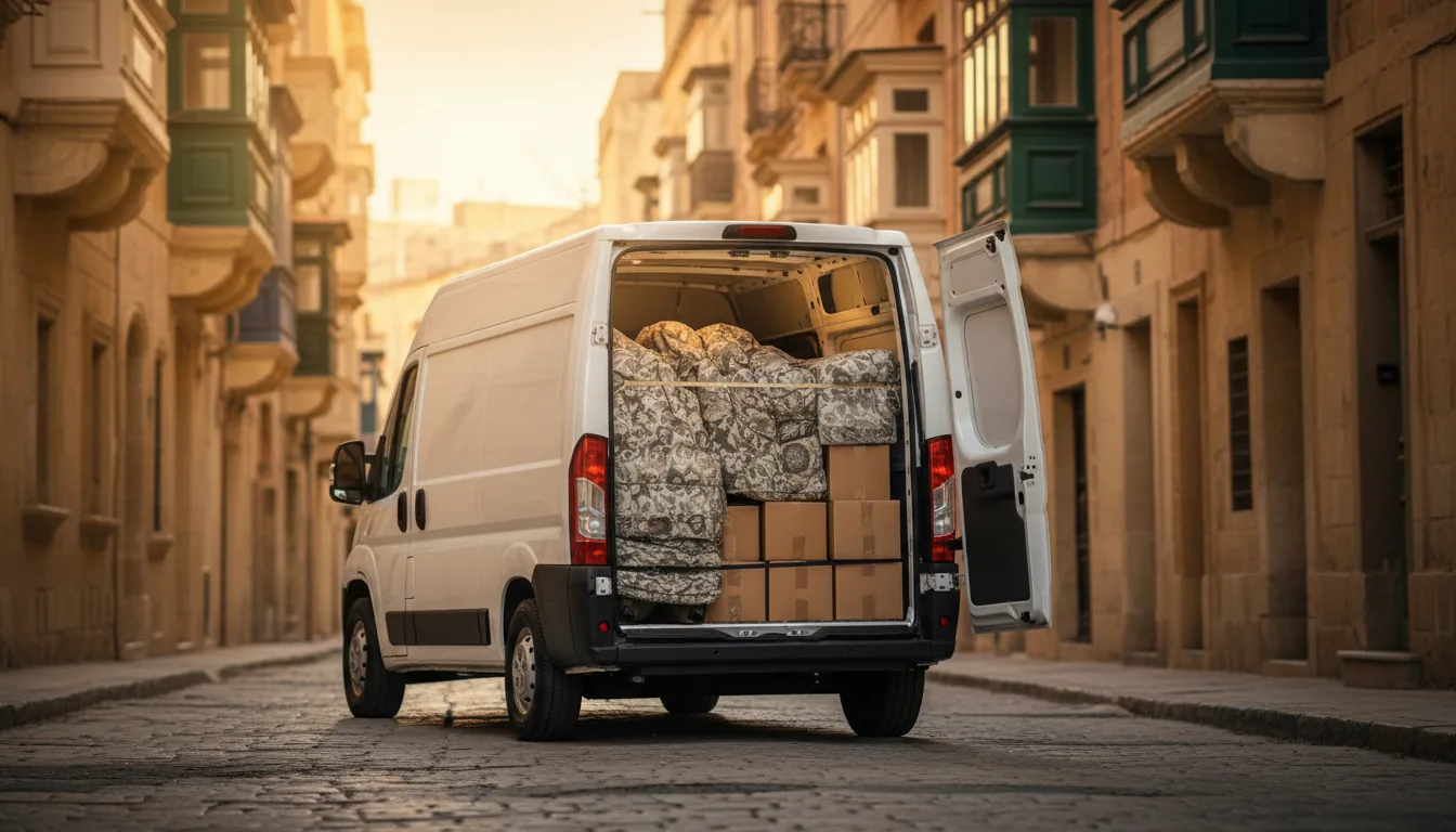 White high-roof van loaded with boxes and blanket-wrapped furniture on a sunlit street