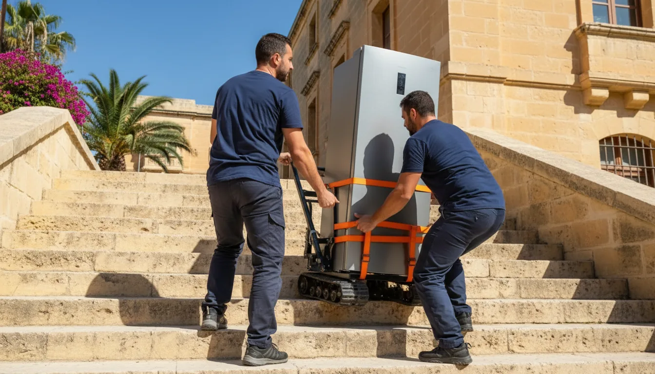 Two movers taking a large fridge up stone stairs on a stair-climbing trolley