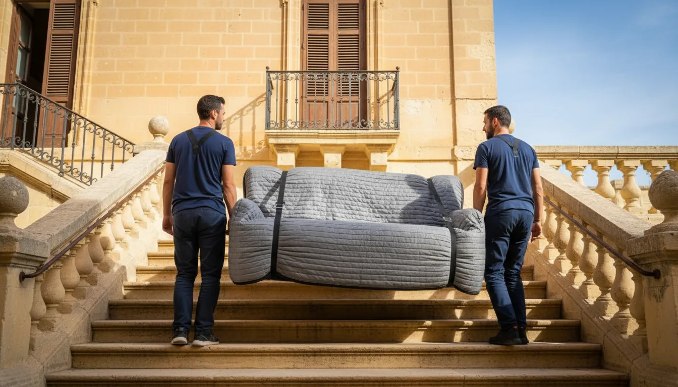 Two movers carrying a blanket-wrapped sofa up external stone stairs