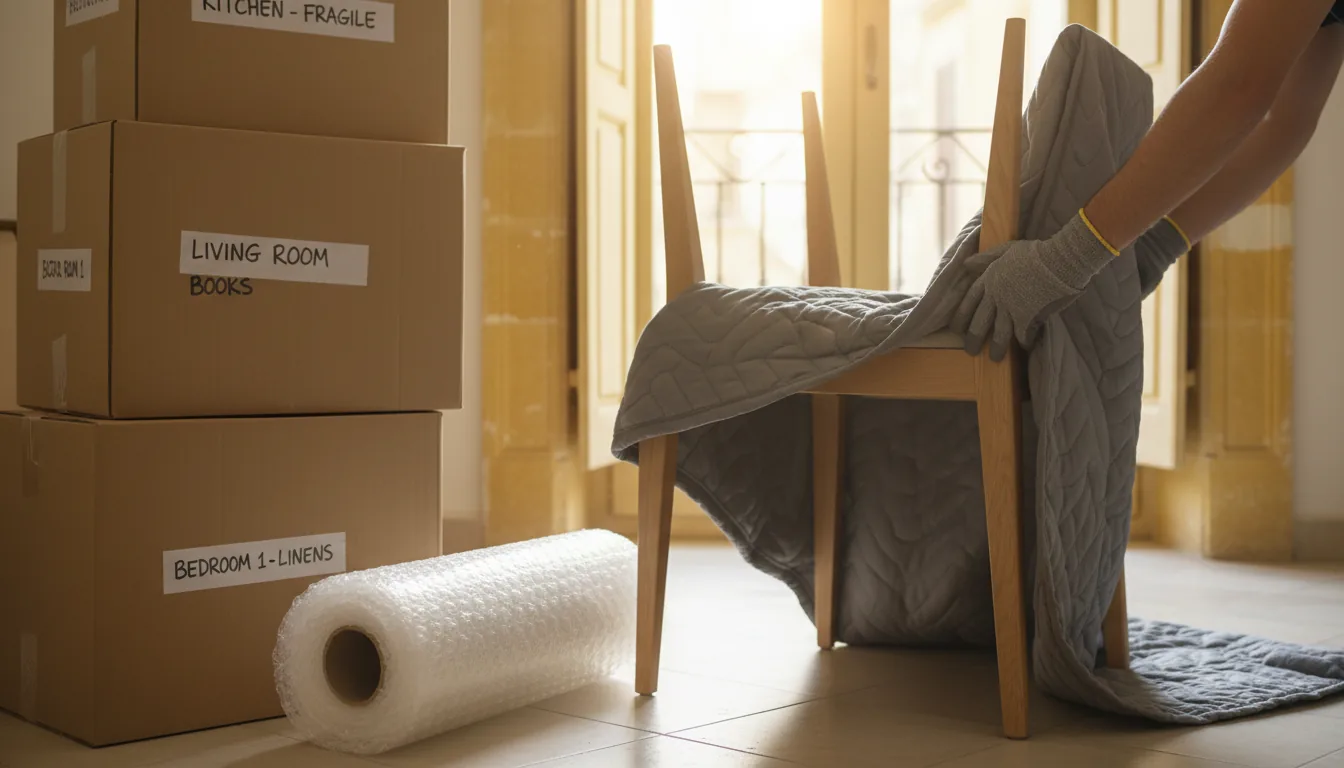 Gloved hands wrapping a chair in a moving blanket next to labelled boxes