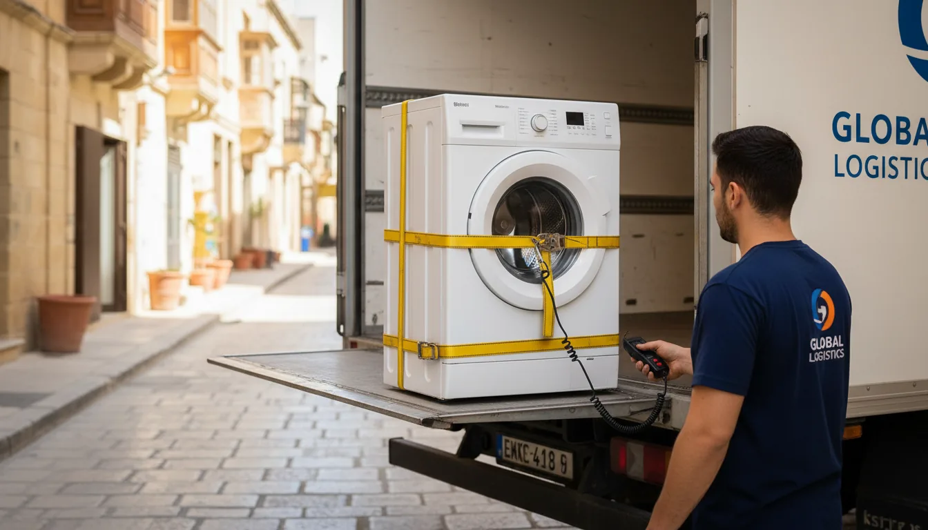 Washing machine strapped on a lowered hydraulic tail lift