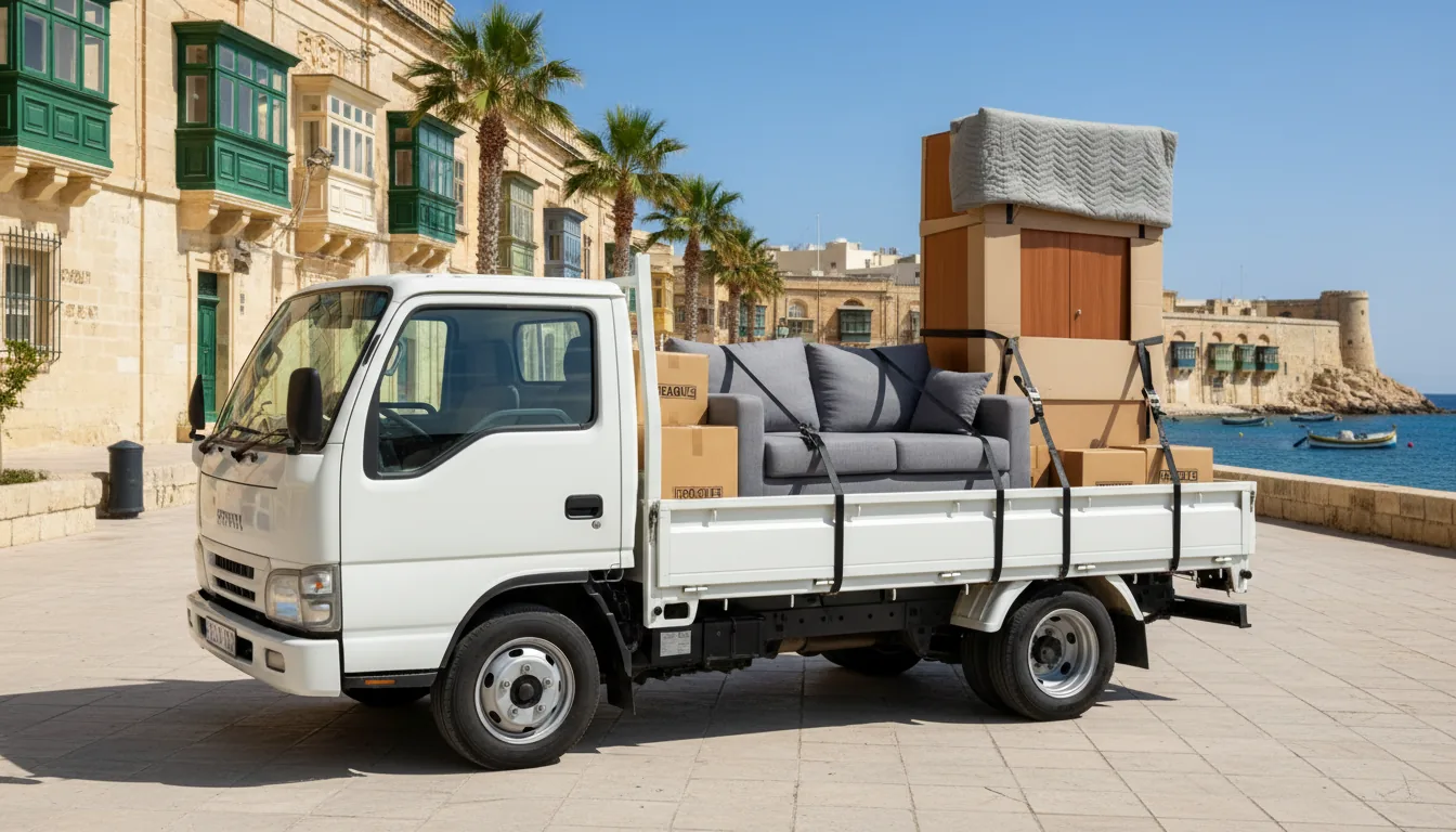 White flatbed truck loaded with strapped furniture and boxes