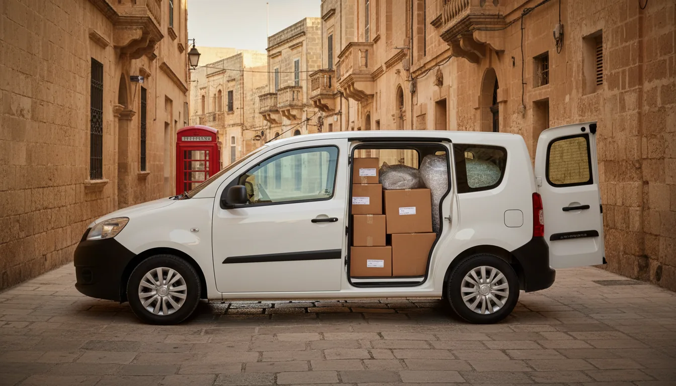 White enclosed van with side door open showing stacked moving boxes
